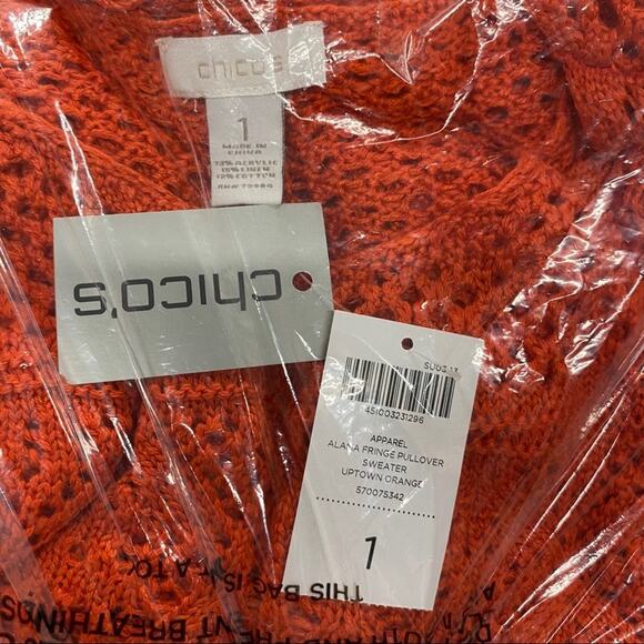 Chico's Alana Fringe Pullover Crochet Short Sleeve Sweater Uptown Orange NEW - Picture 4 of 5